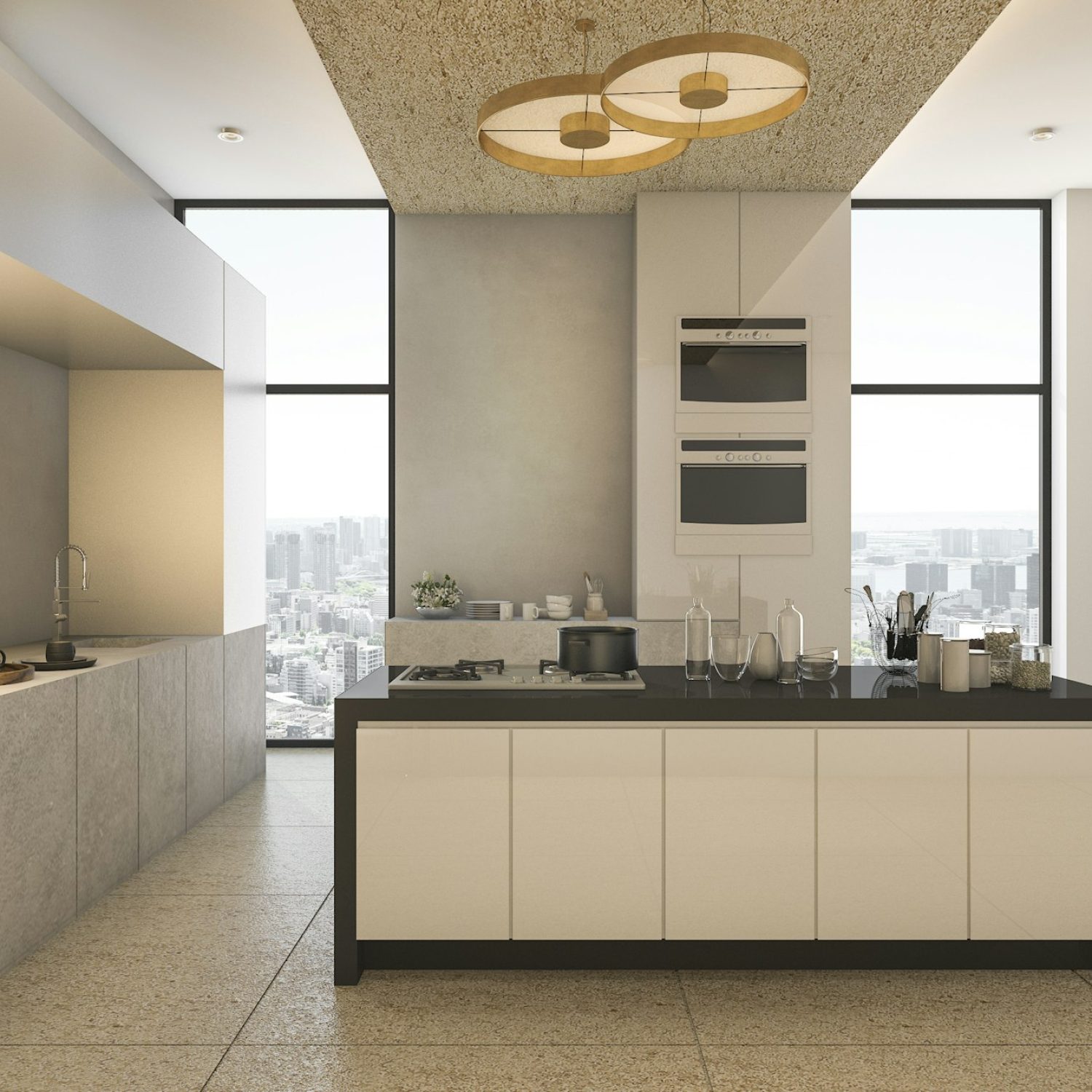 3d rendering nice city view from kitchen and dining on condominium