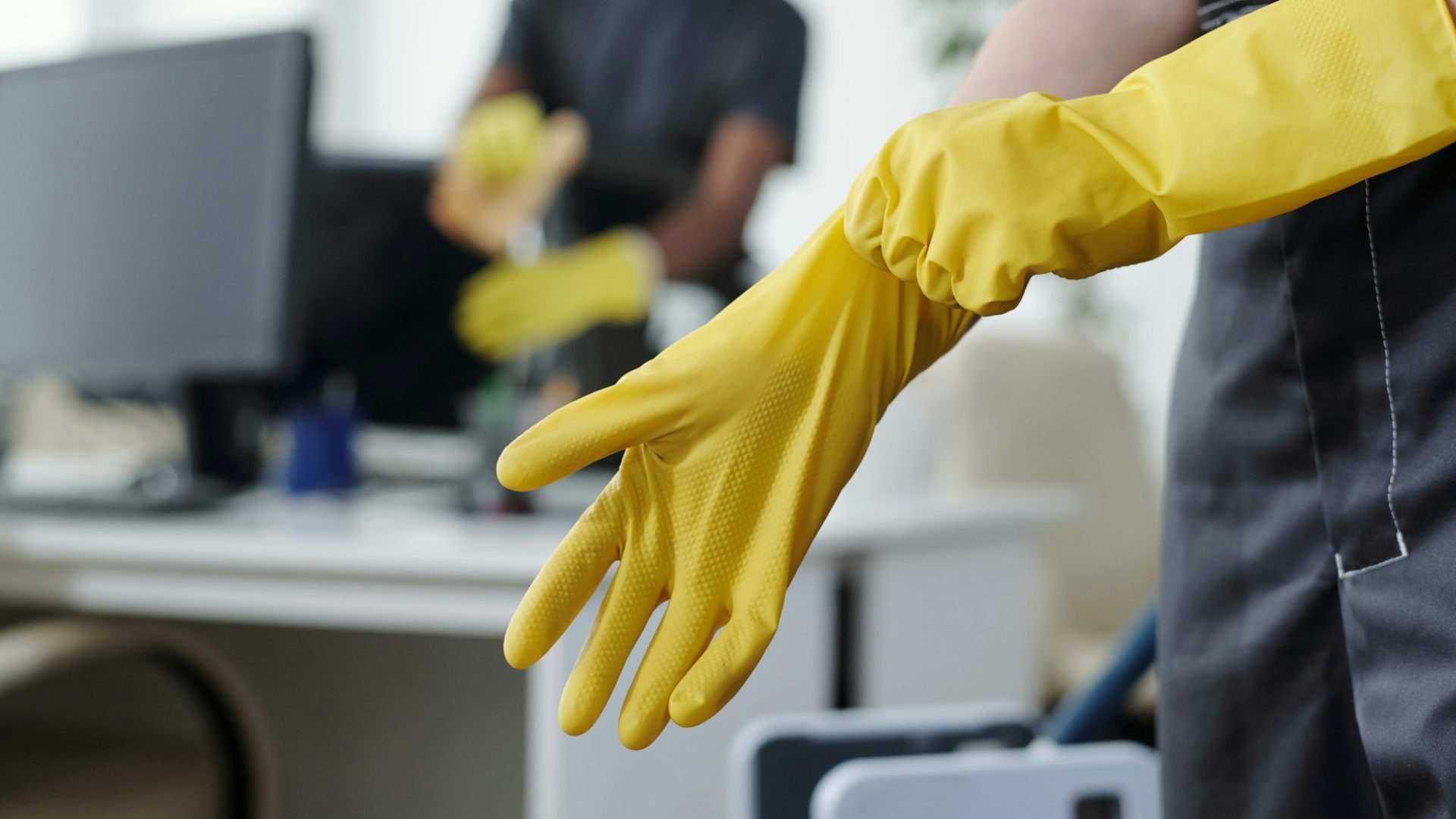 Hands of female worker of contemporary cleaning company putting on gloves