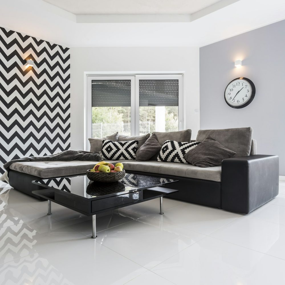 Modern room with high-polished white tiled floor